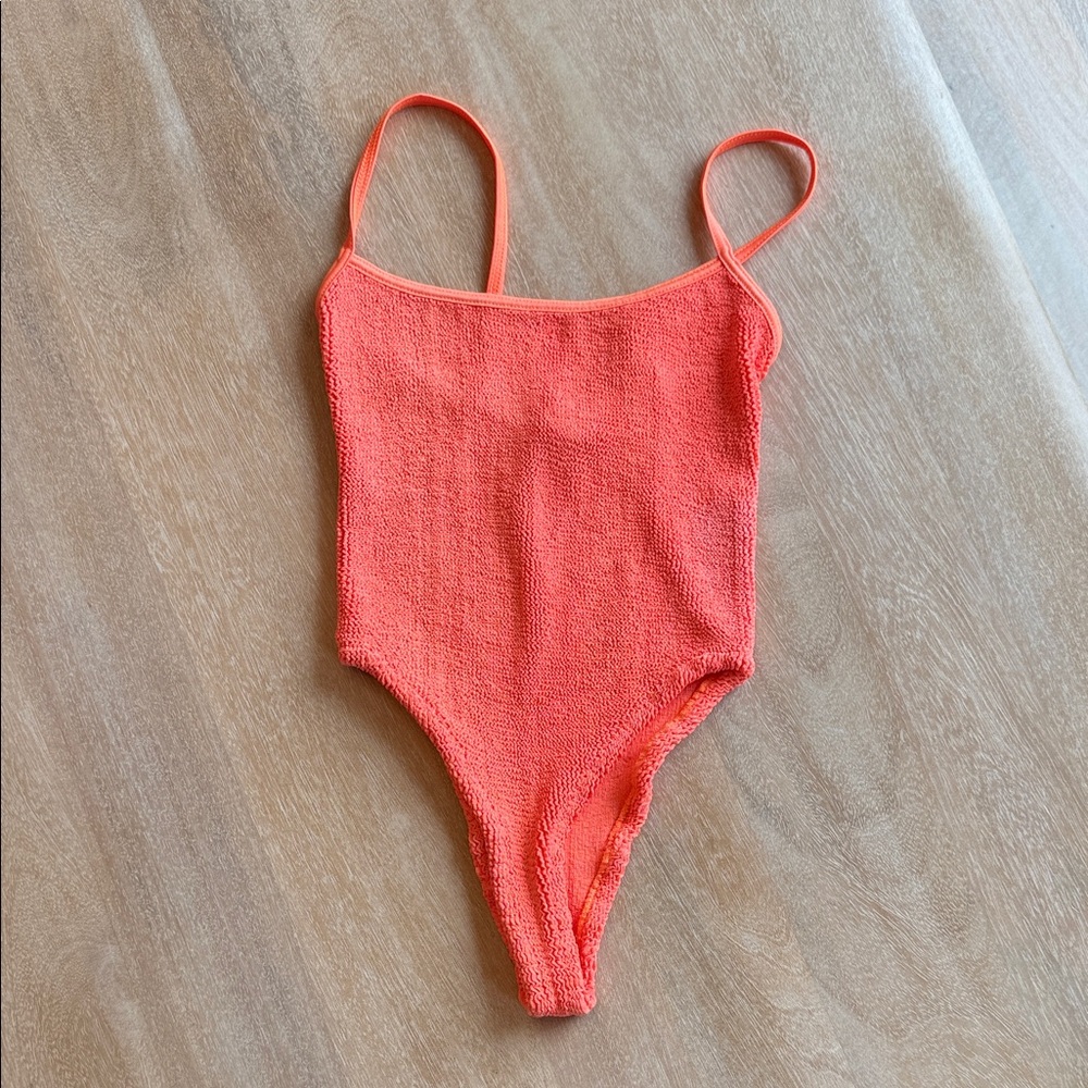 Hunza G Textured One-Piece Swimsuit in Bright Coral Orange